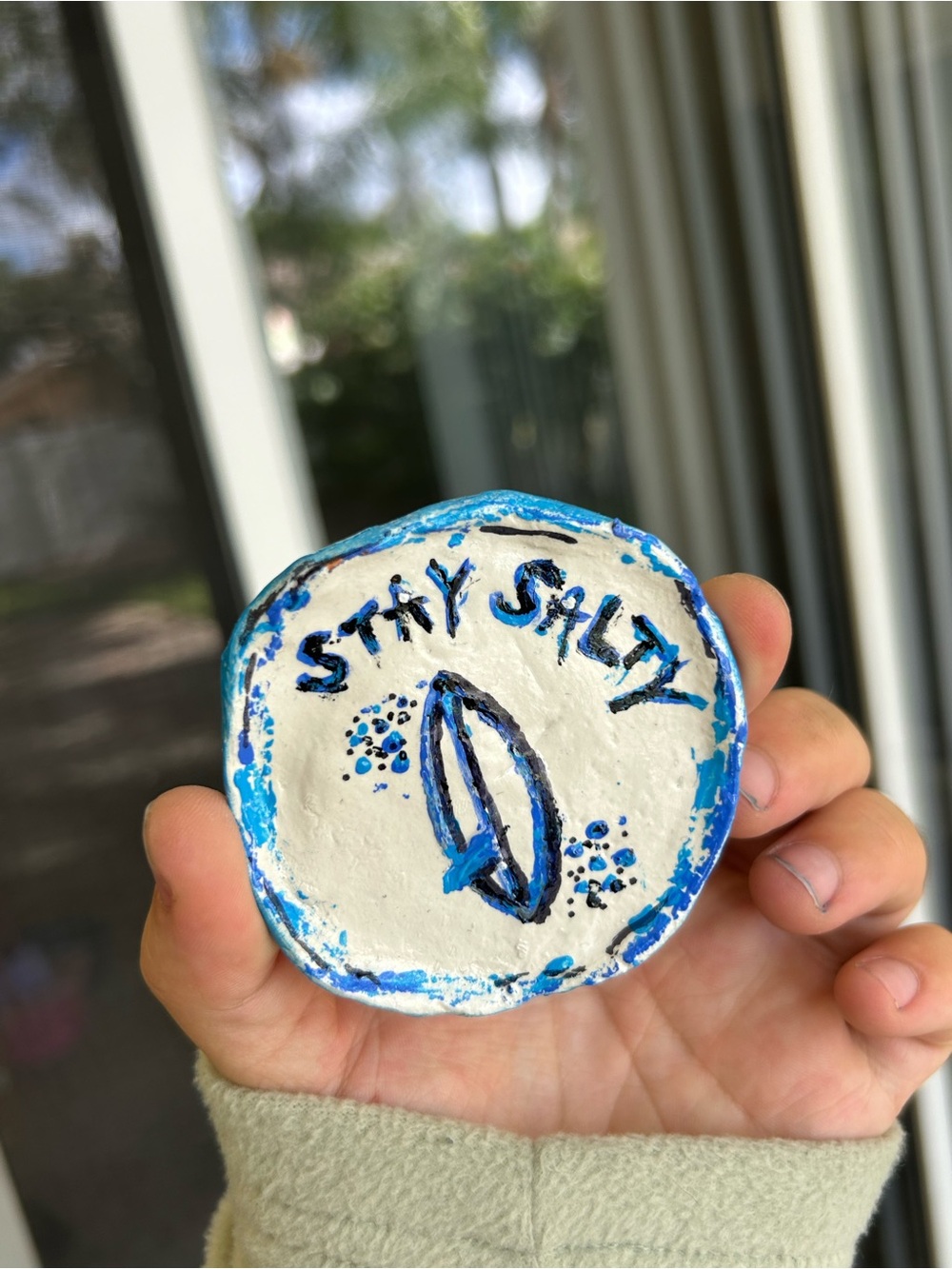 Handmade 'Stay Salty' Blue and White Ceramic Accent